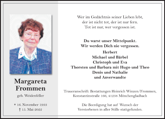 Traueranzeige von Margareta Frommen von trauer.extra-tipp-moenchengladbach.de