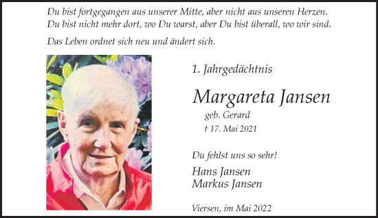 Traueranzeige von Margareta Jansen von trauer.extra-tipp-moenchengladbach.de