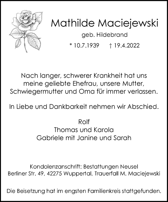 Traueranzeige von Mathilde Maciejewski von trauer.wuppertaler-rundschau.de
