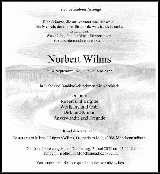 Traueranzeige von Norbert Wilms von trauer.extra-tipp-moenchengladbach.de