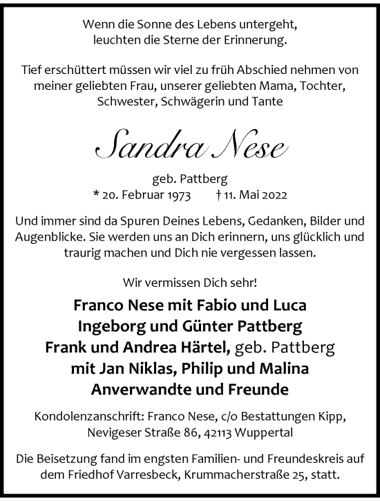 Traueranzeige von Sandra Nese von trauer.wuppertaler-rundschau.de