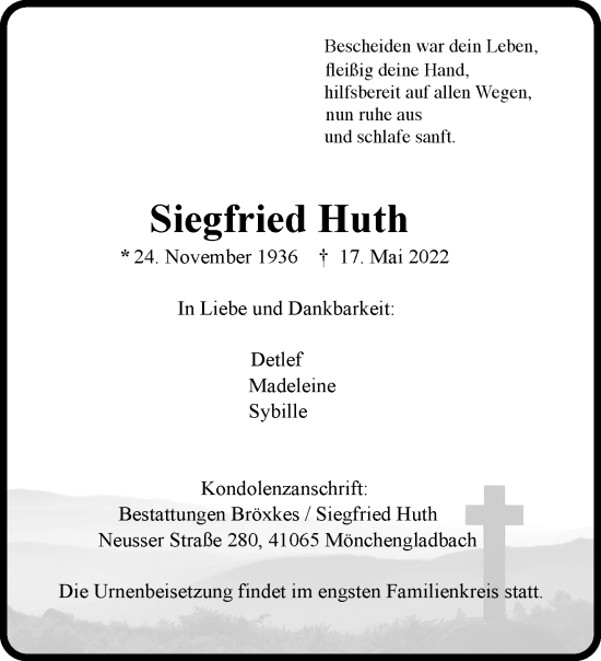 Traueranzeige von Siegfried Huth von trauer.extra-tipp-moenchengladbach.de