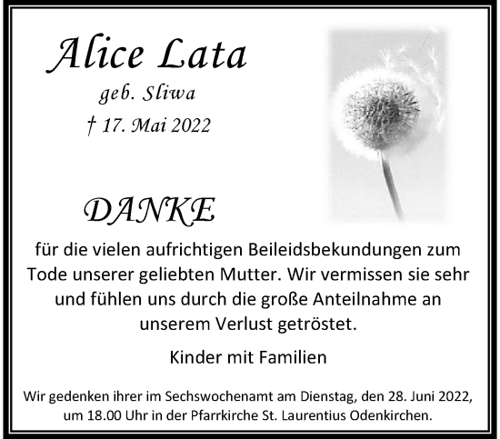 Traueranzeige von Alice Lata von trauer.extra-tipp-moenchengladbach.de