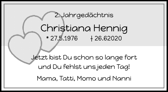 Traueranzeige von Christiana Hennig von trauer.mein.krefeld.de