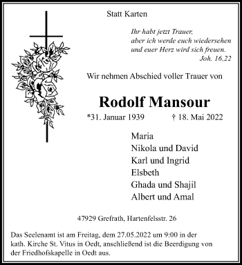 Traueranzeige von Rodolf Mansour von trauer.mein-krefeld.de