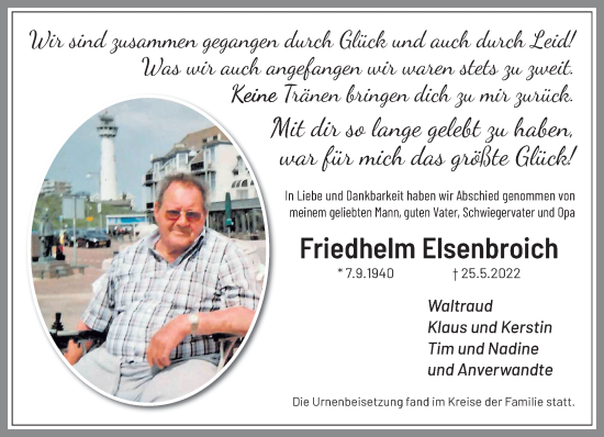 Traueranzeige von Friedhelm Elsenbroich von trauer.extra-tipp-moenchengladbach.de