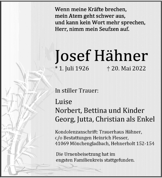 Traueranzeige von Josef Hähner von trauer.extra-tipp-moenchengladbach.de