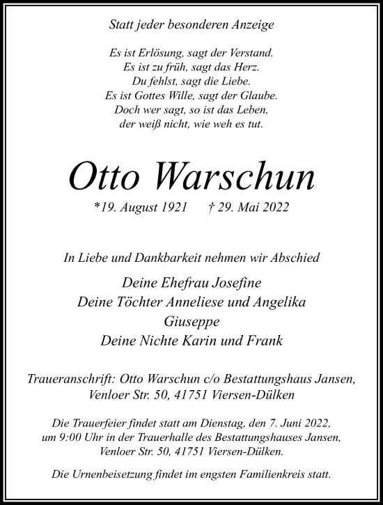 Traueranzeige von Otto Warschun von trauer.extra-tipp-moenchengladbach.de