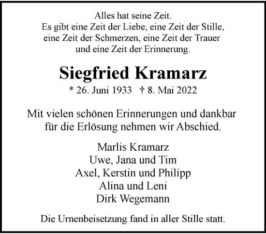Traueranzeige von Siegfried Kramarz von trauer.wuppertaler-rundschau.de
