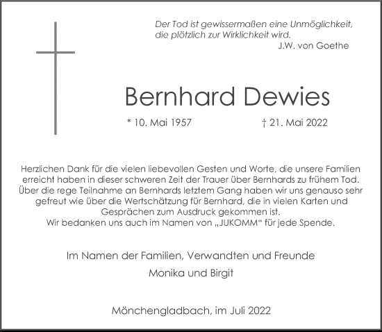 Traueranzeige von Bernhard Dewies von trauer.extra-tipp-moenchengladbach.de