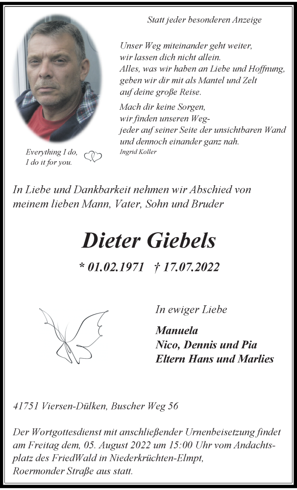  Traueranzeige für Dieter Giebels vom 31.07.2022 aus trauer.extra-tipp-moenchengladbach.de