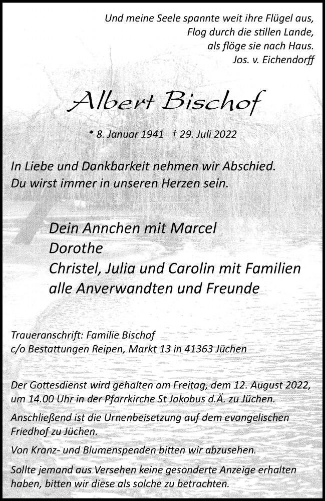  Traueranzeige für Albert Bischof vom 06.08.2022 aus trauer.stadt-kurier.de