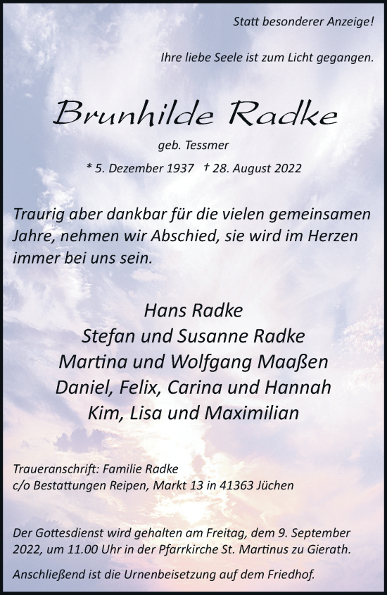 Traueranzeige von Brunhilde Radke von trauer.stadt-kurier.de