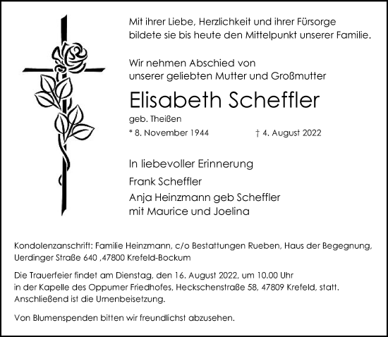 Traueranzeige von Elisabeth Scheffler von trauer.mein.krefeld.de