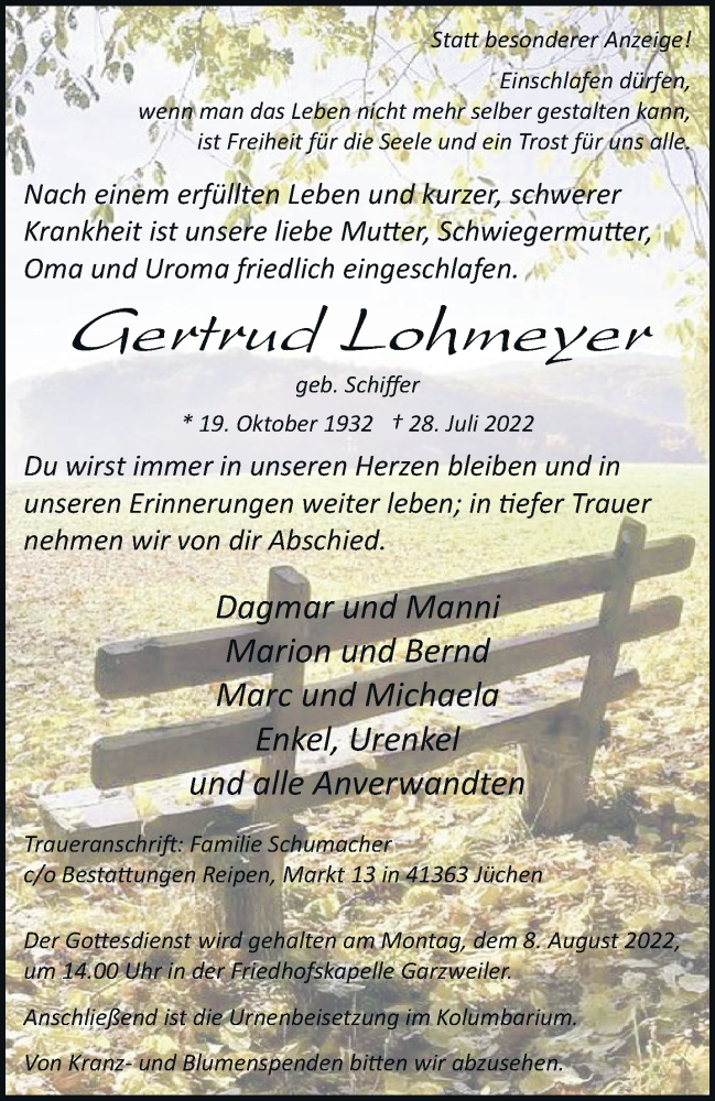  Traueranzeige für Gertrud Lohmeyer vom 06.08.2022 aus trauer.stadt-kurier.de