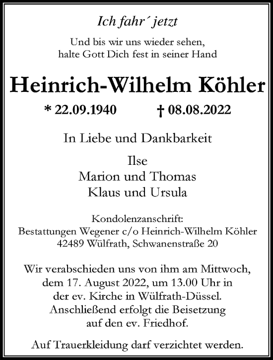 Traueranzeige von Heinrich-Wilhem Köhler von trauer.wuppertaler-rundschau.de
