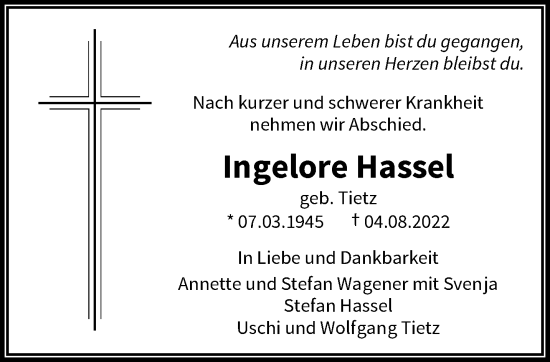 Traueranzeige von Ingelore Hassel von trauer.wuppertaler-rundschau.de
