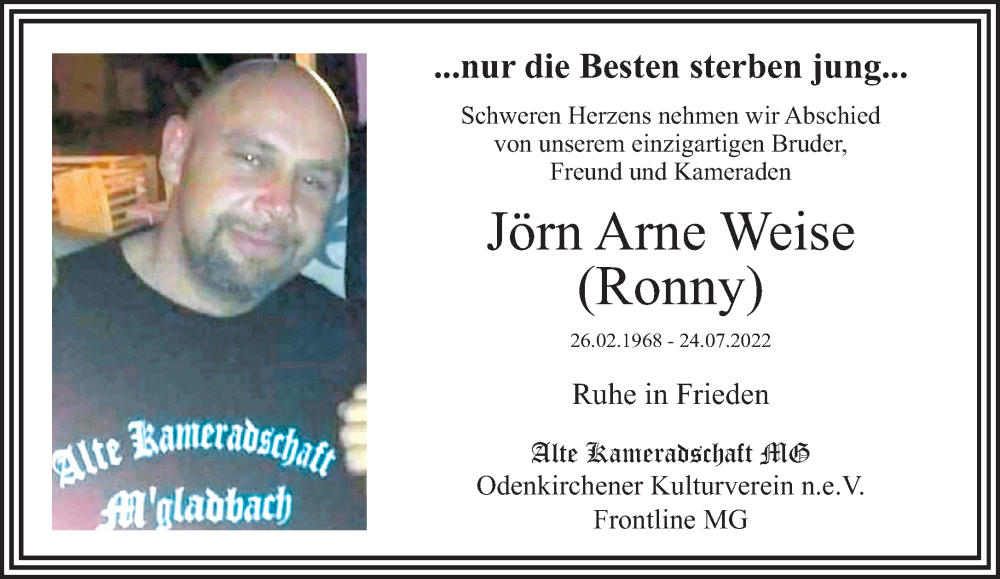  Traueranzeige für Jörn Arne Weise vom 07.08.2022 aus trauer.extra-tipp-moenchengladbach.de