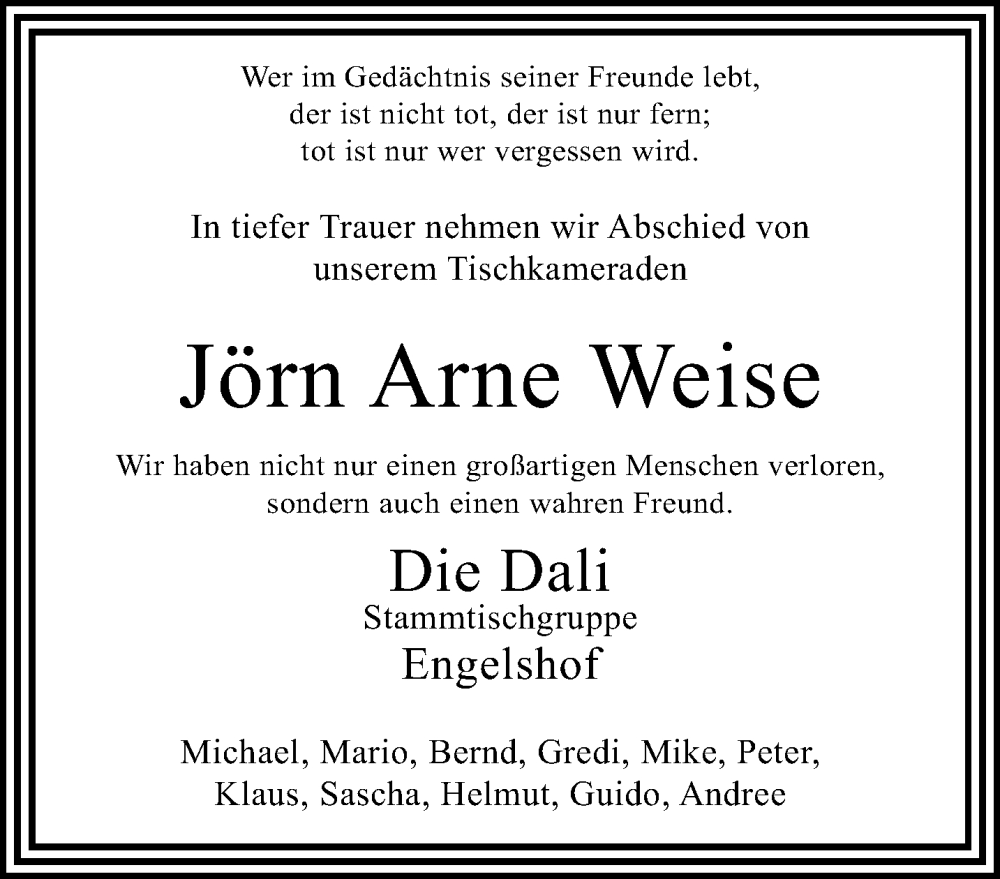  Traueranzeige für Jörn Arne Weise vom 07.08.2022 aus trauer.extra-tipp-moenchengladbach.de