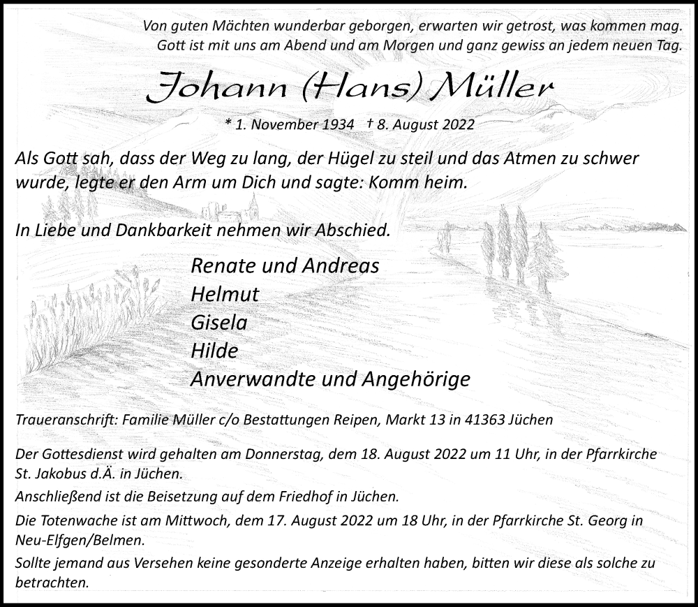  Traueranzeige für Johann Müller vom 13.08.2022 aus trauer.stadt-kurier.de