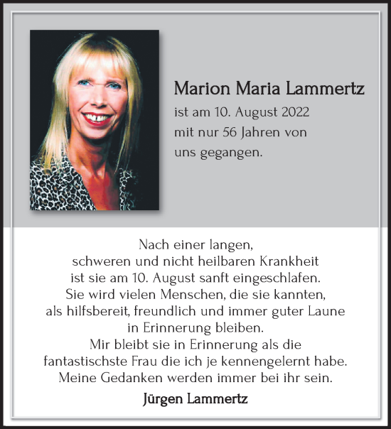 Traueranzeige von Marion Maria Lammertz von trauer.extra-tipp-moenchengladbach.de