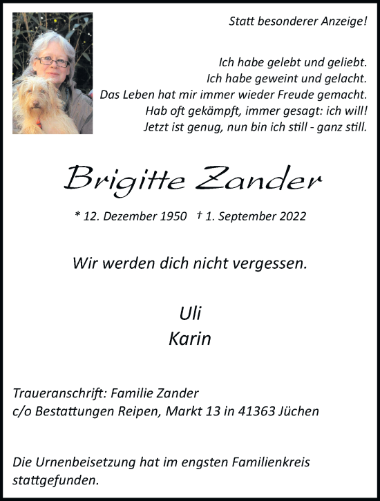 Traueranzeige von Brigitte Zander von trauer.stadt-kurier.de