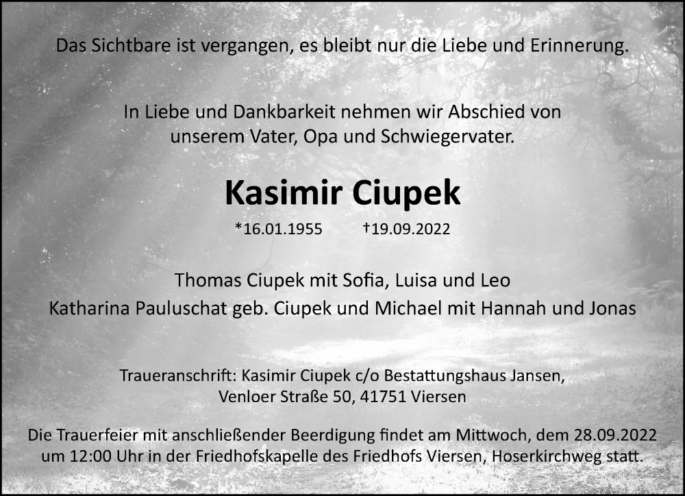  Traueranzeige für Kasimir Ciupek vom 25.09.2022 aus trauer.extra-tipp-moenchengladbach.de