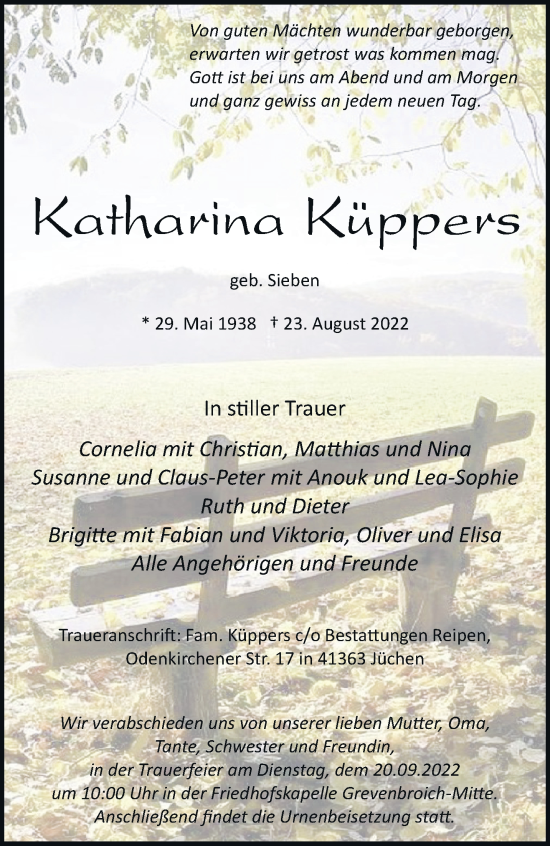 Traueranzeige von Katharina Küppers von trauer.stadt-kurier.de