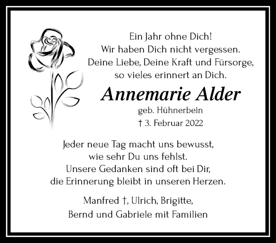 Traueranzeige von Annemarie Alder von trauer.extra-tipp-moenchengladbach.de