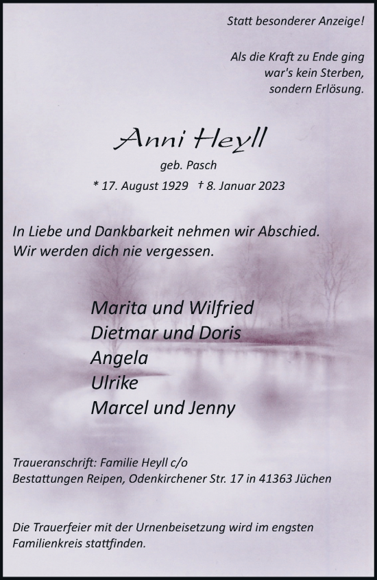 Traueranzeige von Anni Heyll von trauer.stadt-kurier.de