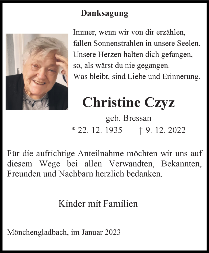  Traueranzeige für Christine Czyz vom 08.01.2023 aus trauer.extra-tipp-moenchengladbach.de