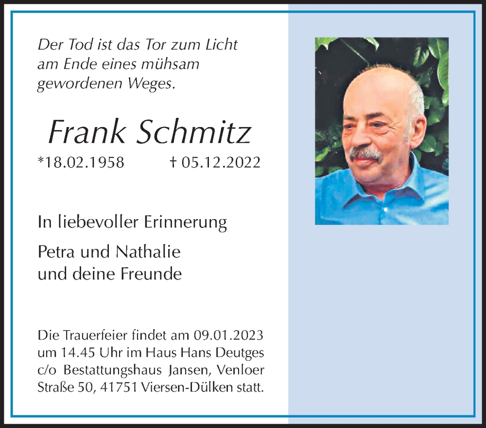  Traueranzeige für Frank Schmitz vom 08.01.2023 aus trauer.extra-tipp-moenchengladbach.de