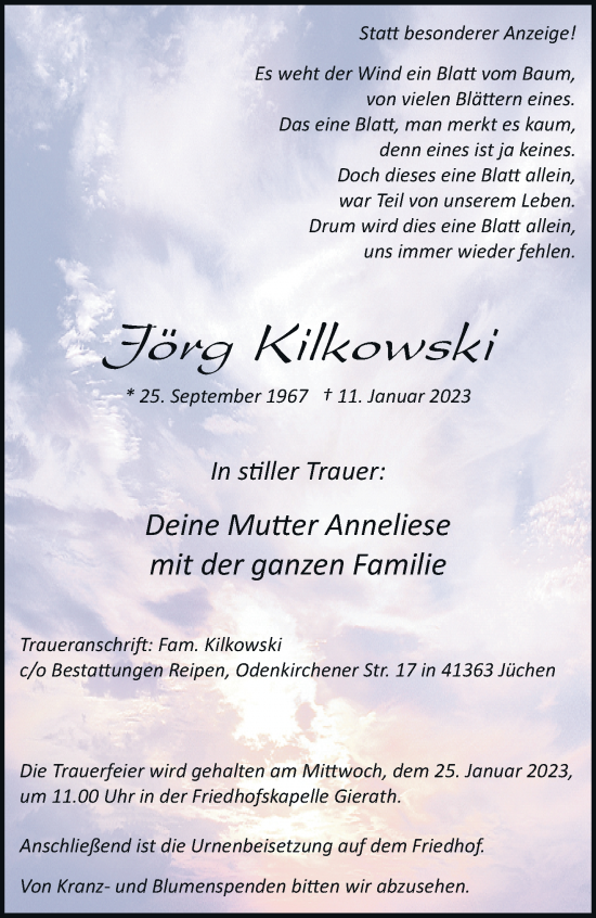 Traueranzeige von Jörg Kilkowski von trauer.stadt-kurier.de