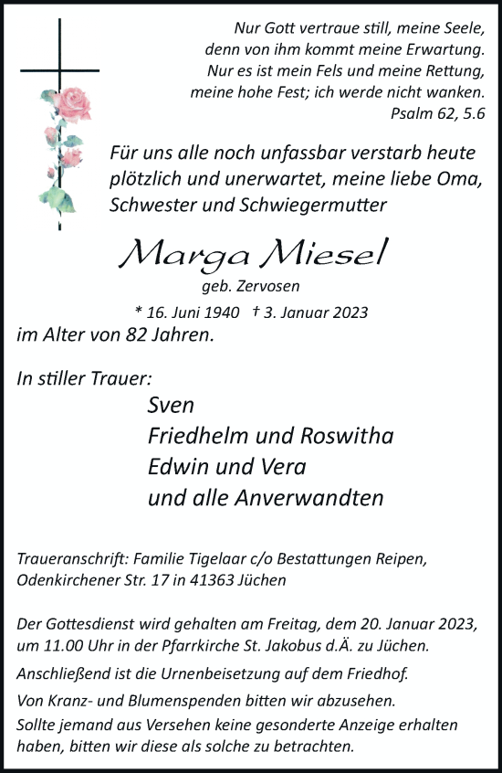 Traueranzeige von Marga Miesel von trauer.stadt-kurier.de