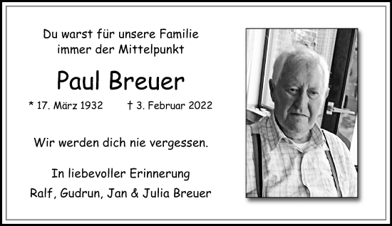 Traueranzeige von Paul Breuer von trauer.extra-tipp-moenchengladbach.de