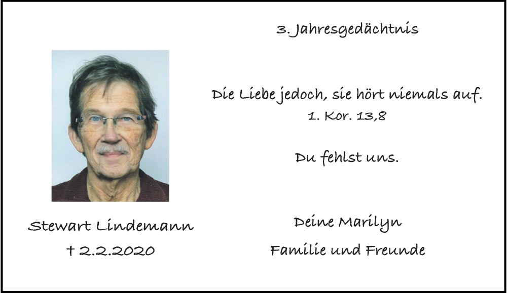  Traueranzeige für Stewart Lindemann vom 04.02.2023 aus trauer.wuppertaler-rundschau.de
