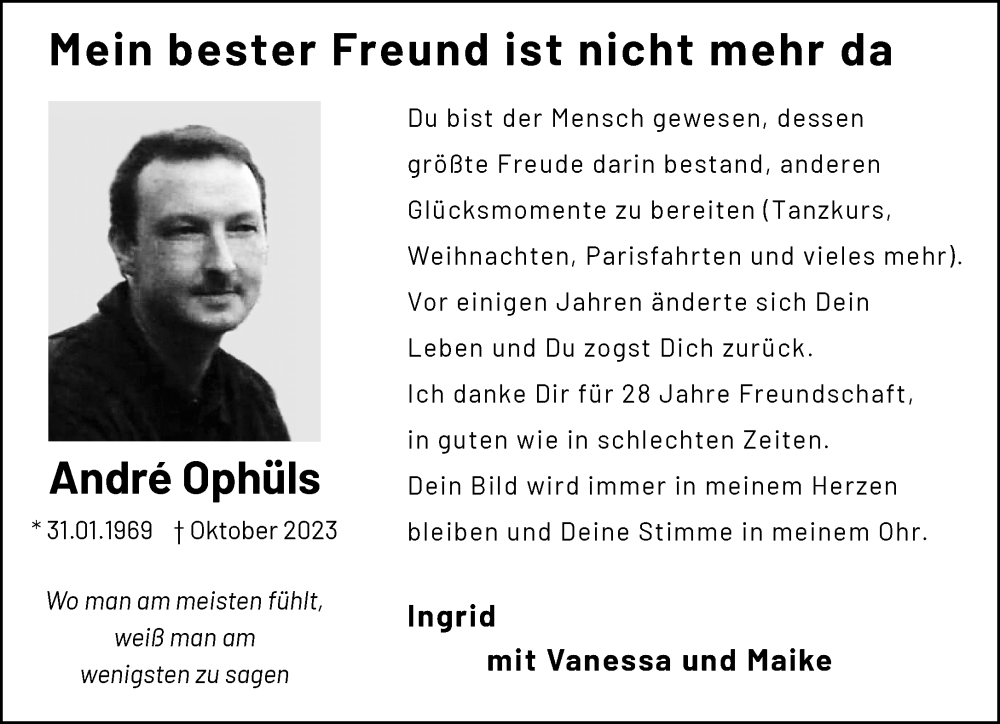  Traueranzeige für Andre Ophüls vom 29.10.2023 aus trauer.extra-tipp-moenchengladbach.de