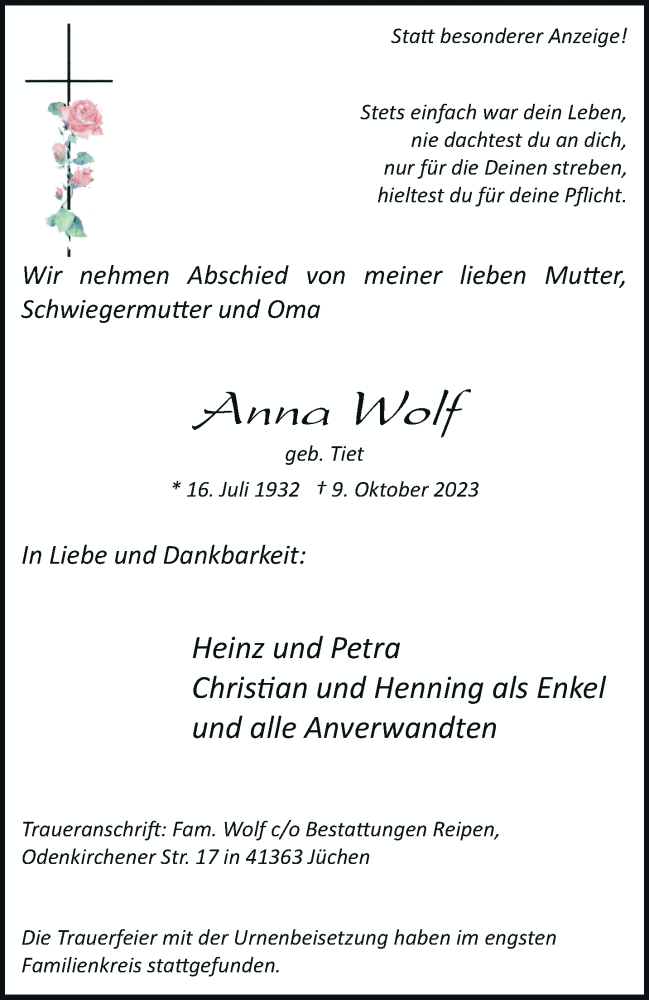  Traueranzeige für Anna Wolf vom 28.10.2023 aus trauer.stadt-kurier.de