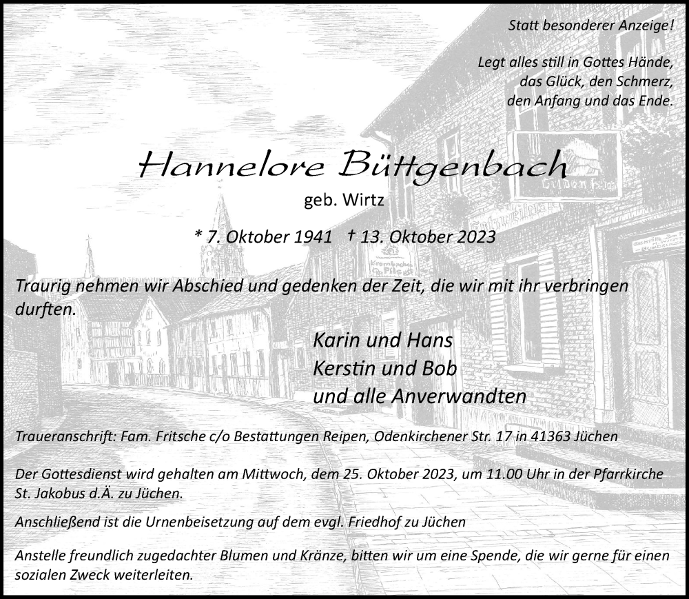  Traueranzeige für Hannelore Büttgenbach vom 21.10.2023 aus trauer.stadt-kurier.de