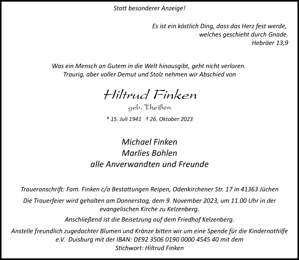  Traueranzeige für Hiltrud Finken vom 04.11.2023 aus trauer.stadt-kurier.de