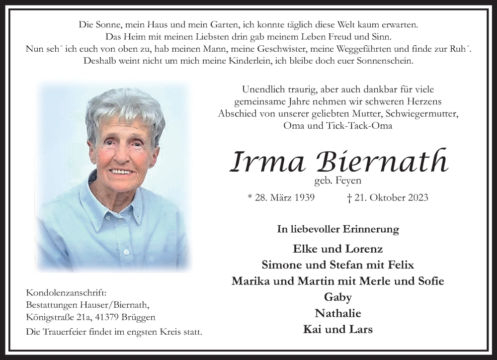  Traueranzeige für Irma Biernath vom 29.10.2023 aus trauer.extra-tipp-moenchengladbach.de