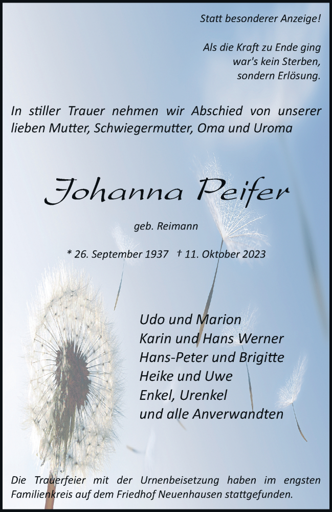 Traueranzeige für Johanna Peifer vom 28.10.2023 aus trauer.stadt-kurier.de
