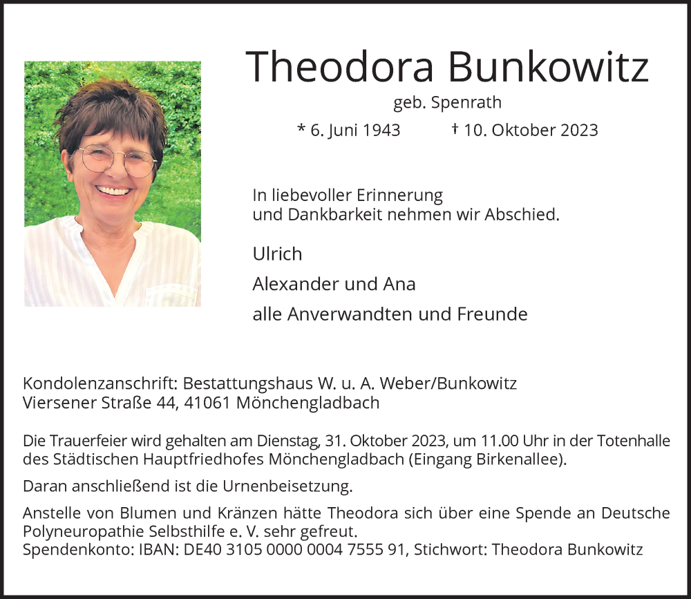  Traueranzeige für Theodora Bunkowitz vom 22.10.2023 aus trauer.extra-tipp-moenchengladbach.de