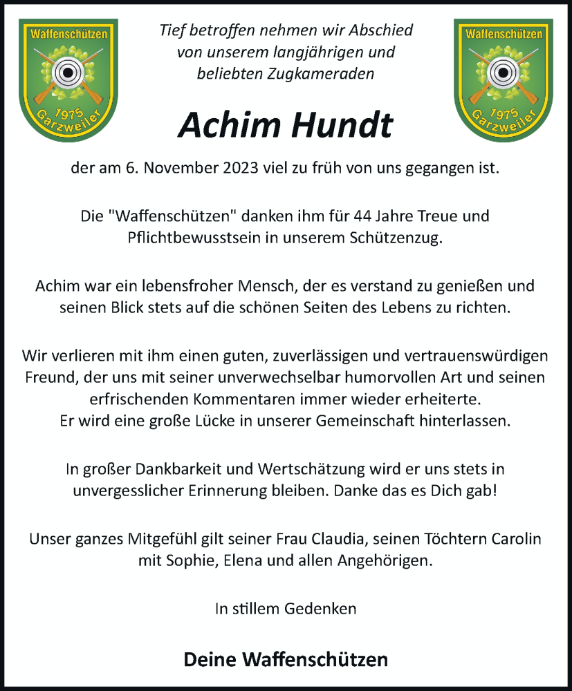  Traueranzeige für Achim Hundt vom 18.11.2023 aus trauer.stadt-kurier.de