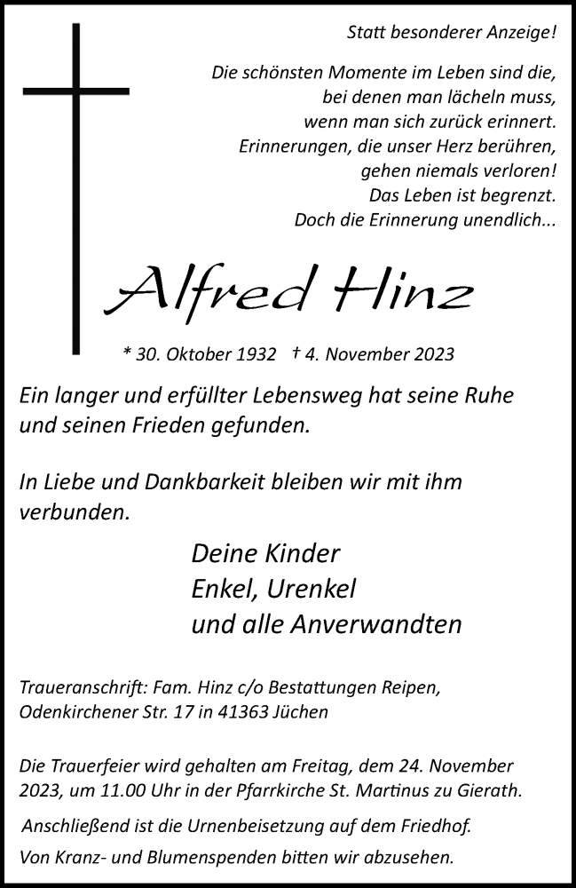  Traueranzeige für Alfred Hinz vom 18.11.2023 aus trauer.stadt-kurier.de