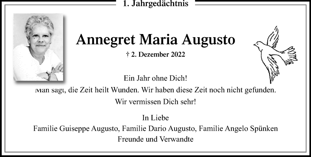  Traueranzeige für Annegret Maria Augusto vom 03.12.2023 aus trauer.extra-tipp-moenchengladbach.de