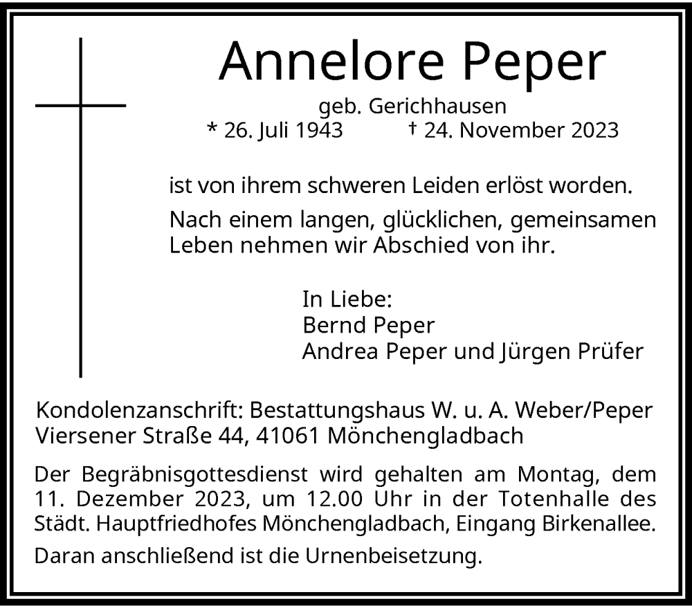  Traueranzeige für Annelore Peper vom 03.12.2023 aus trauer.extra-tipp-moenchengladbach.de