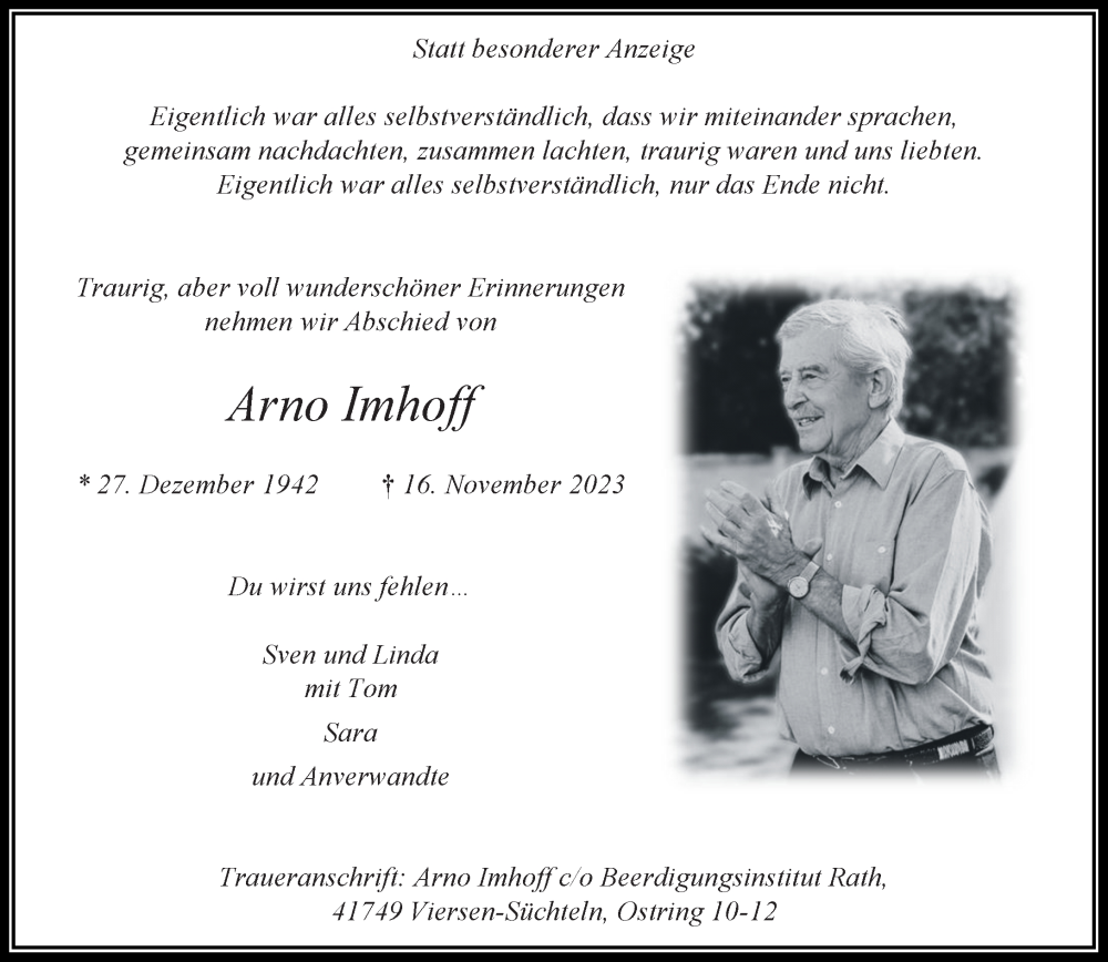  Traueranzeige für Arno Imhoff vom 26.11.2023 aus trauer.extra-tipp-moenchengladbach.de