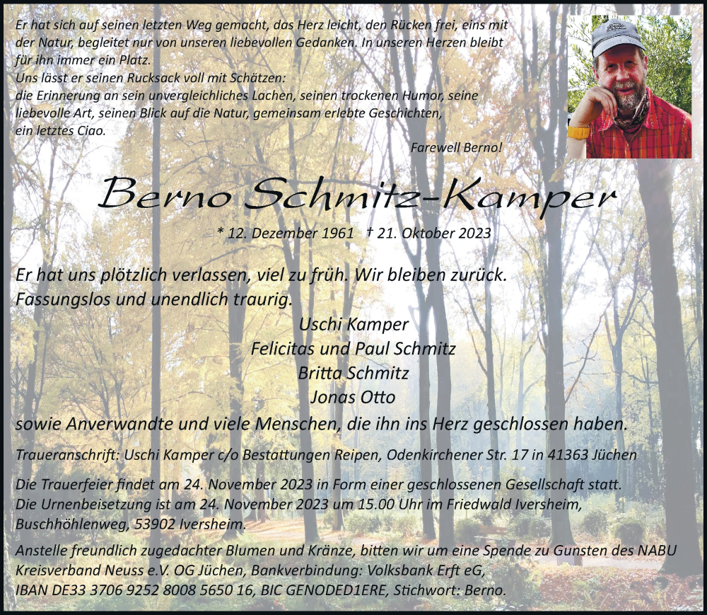  Traueranzeige für Berno Schmitz-Kamper vom 18.11.2023 aus trauer.stadt-kurier.de