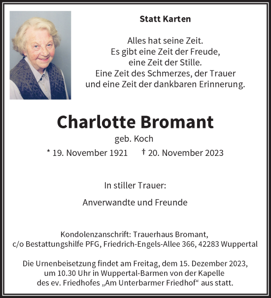 Traueranzeige von Charlotte Bromant von trauer.wuppertaler-rundschau.de